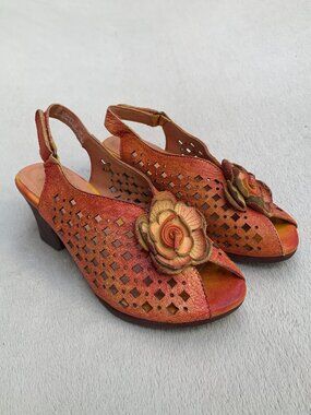 L'Artiste by Spring Step Lovella Leather Peep Toe Slingback Heel Sandals Sz38